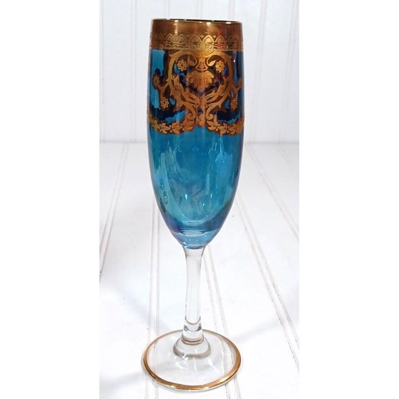 GlassOfVenice Murano Glass Champagne Flutes 24K Gold Leaf - Blue Set 4 Vintage - Picture 16 of 16